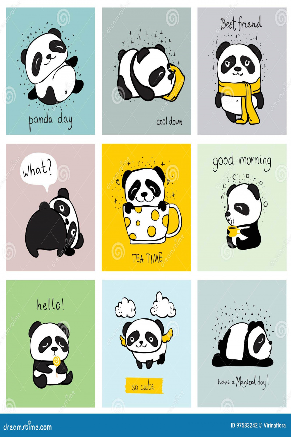Panda doodle cards set stock vector