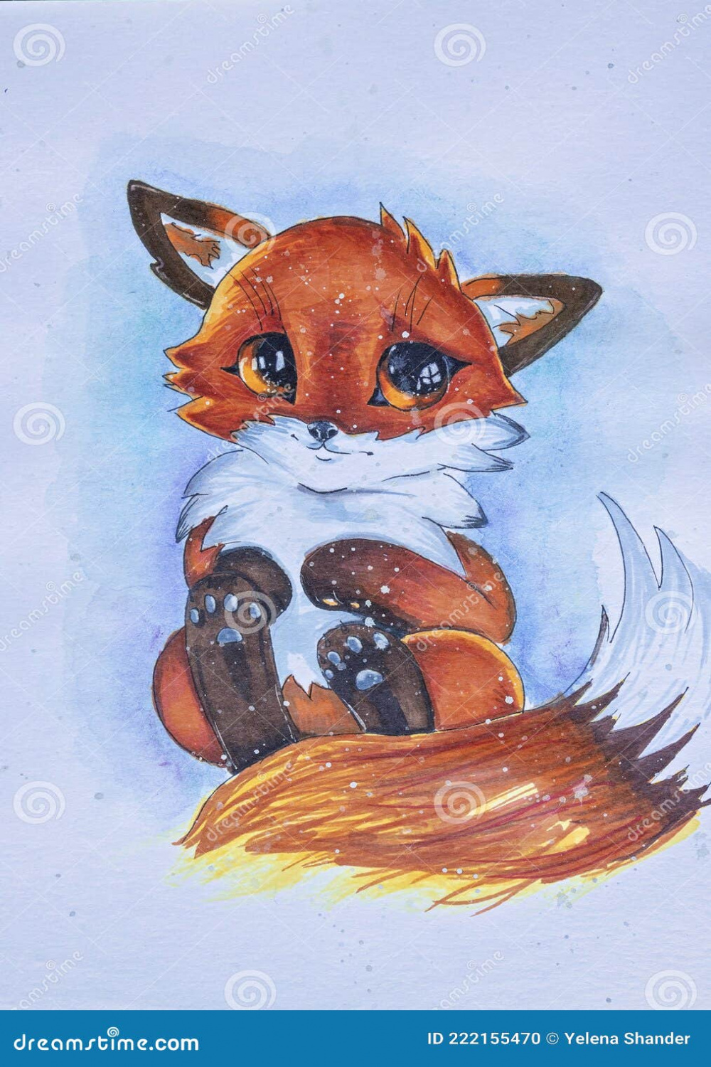 Picture with Little Red-haired Cute Fox with a Bushy Tail