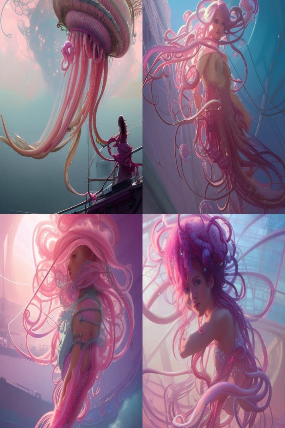 Pink jellyfish hair girl tentacles on ship beauty - AI Generated