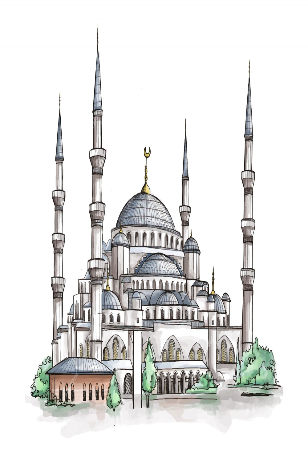 Premium Vector  Watercolor sketch of blue mosque sultanahmet in
