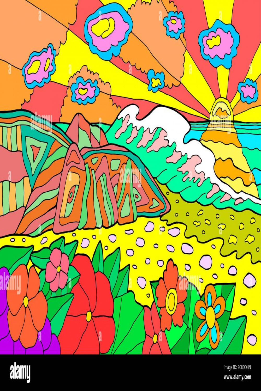 Psychedelic illustration with seaside landscape