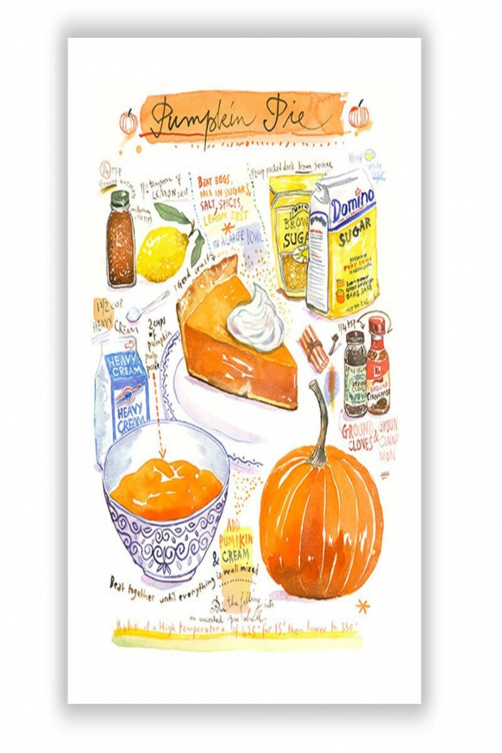 Pumpkin Pie Recipe Print Watercolor Painting Kitchen Wall - Etsy Sweden