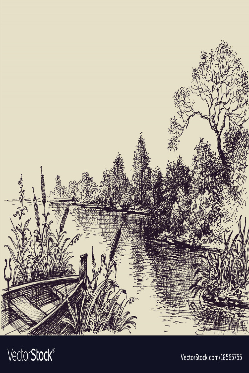 River flow scene hand drawn landscape Royalty Free Vector