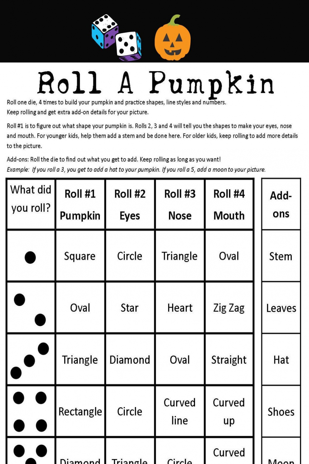 Roll a Pumpkin Drawing Dice Game