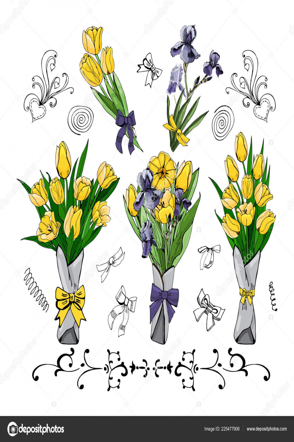Set Bouquets Yellow Tulips Viollet Iris Hand Drawn Colored Sketch
