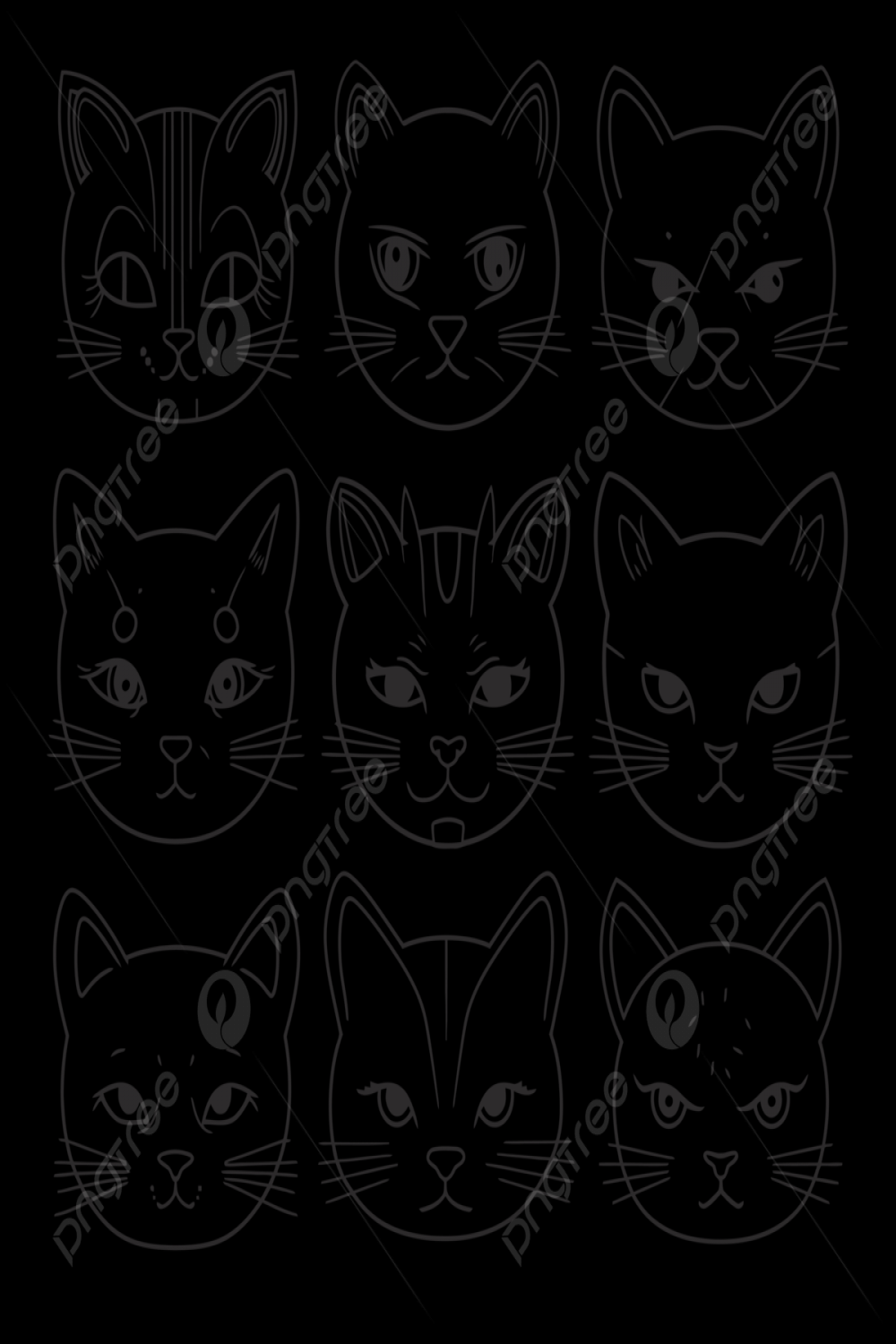 Set Of Coloring Sheets With Ten Different Cats Faces On A White