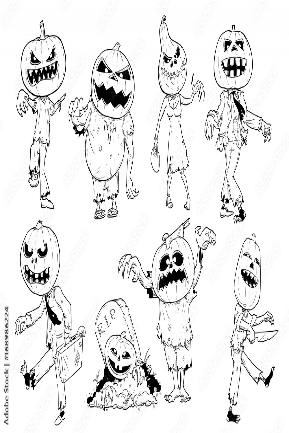 Set of Cute Hand Drawing Halloween Pumpkin Zombie Illustrations