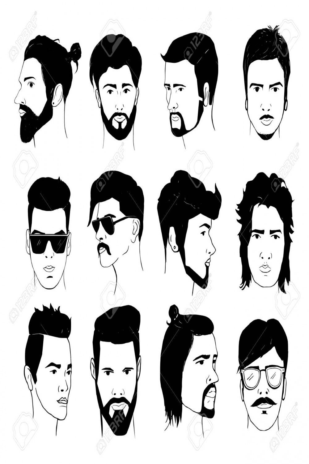 Set Of Men Hairstyle With Beards And Mustache