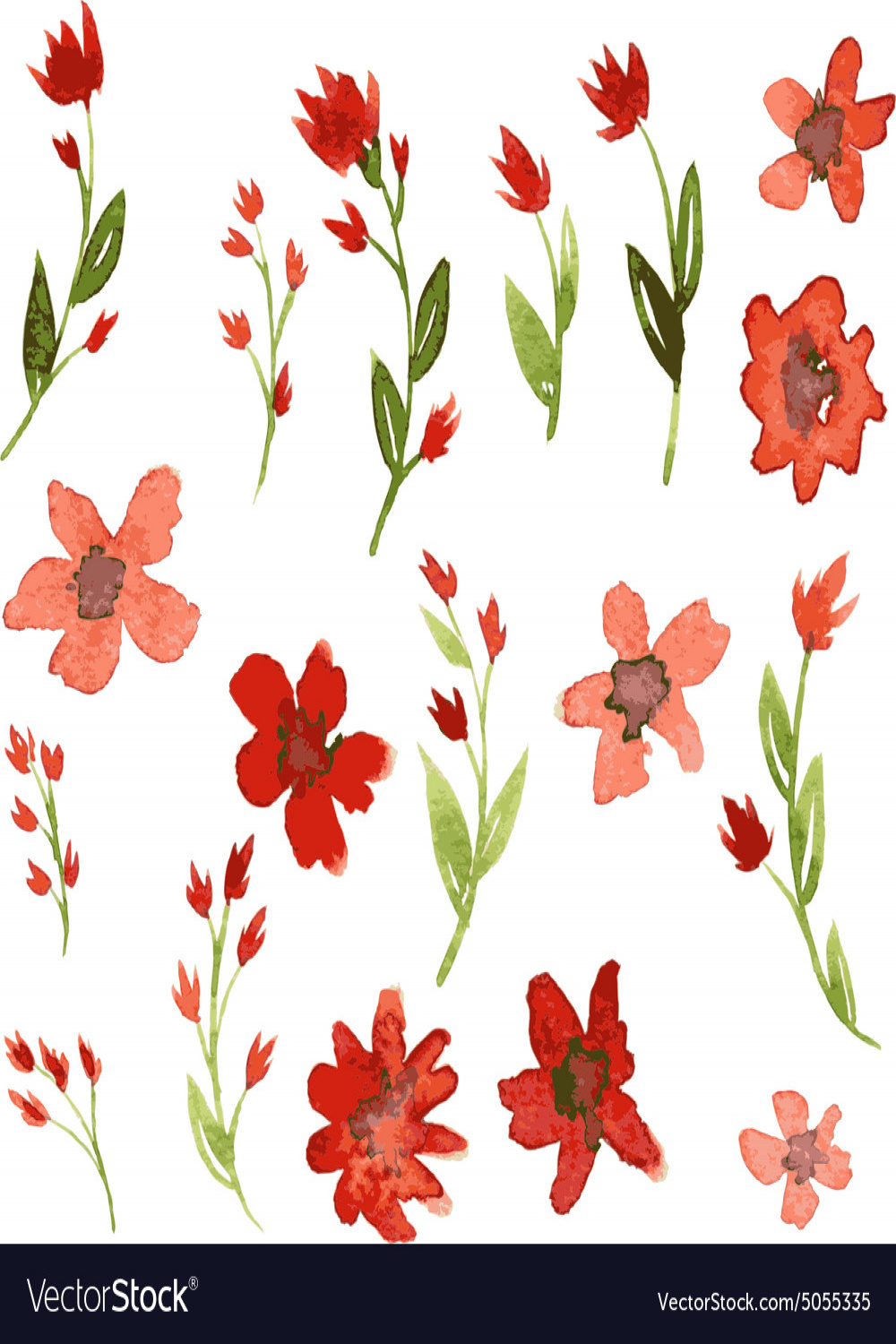 Set of watercolor drawing red flowers Royalty Free Vector