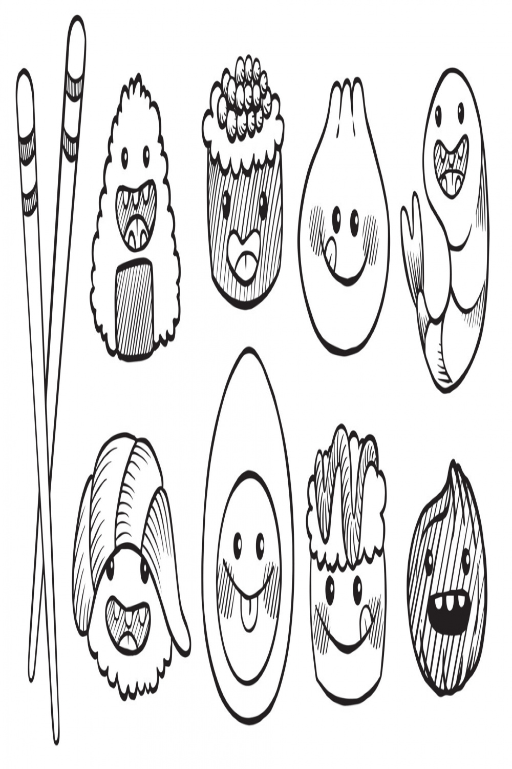 set with cute drawings of asian food. Japanese food