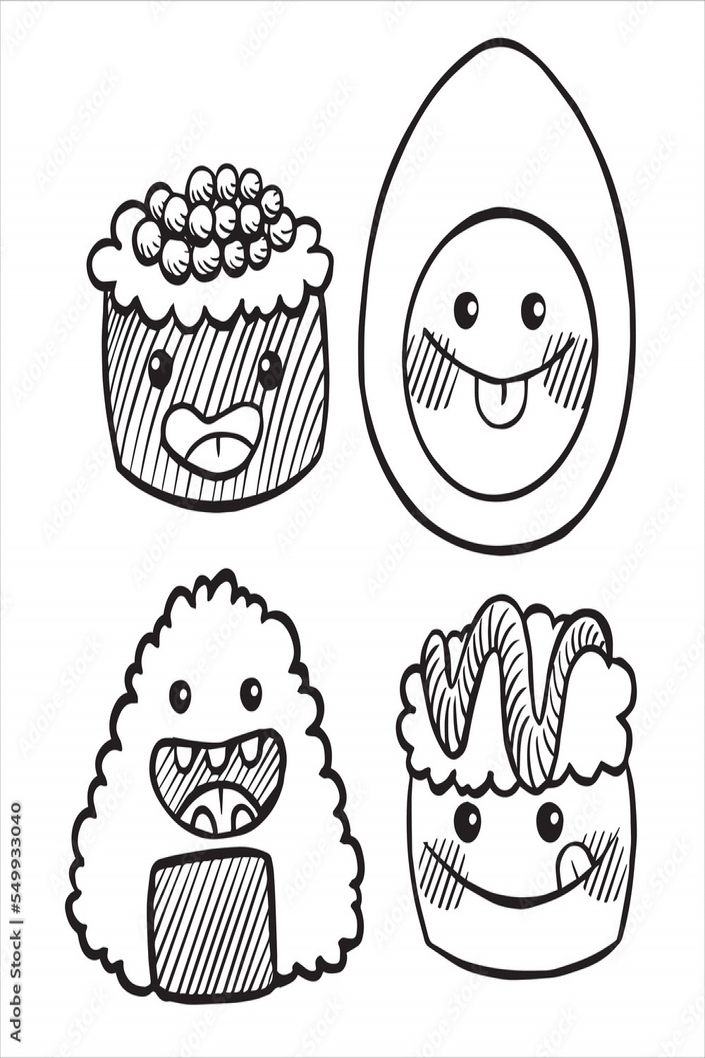 set with cute drawings of asian food. Japanese food