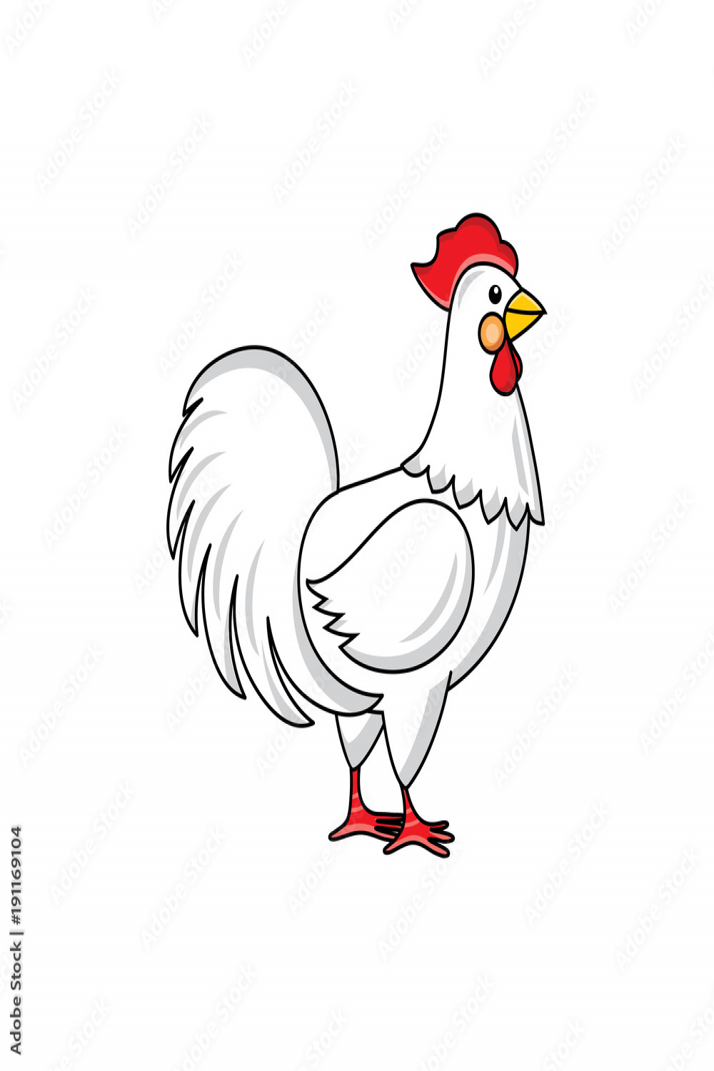 Side-view portrait of white rooster, chicken, hand-drawn vector