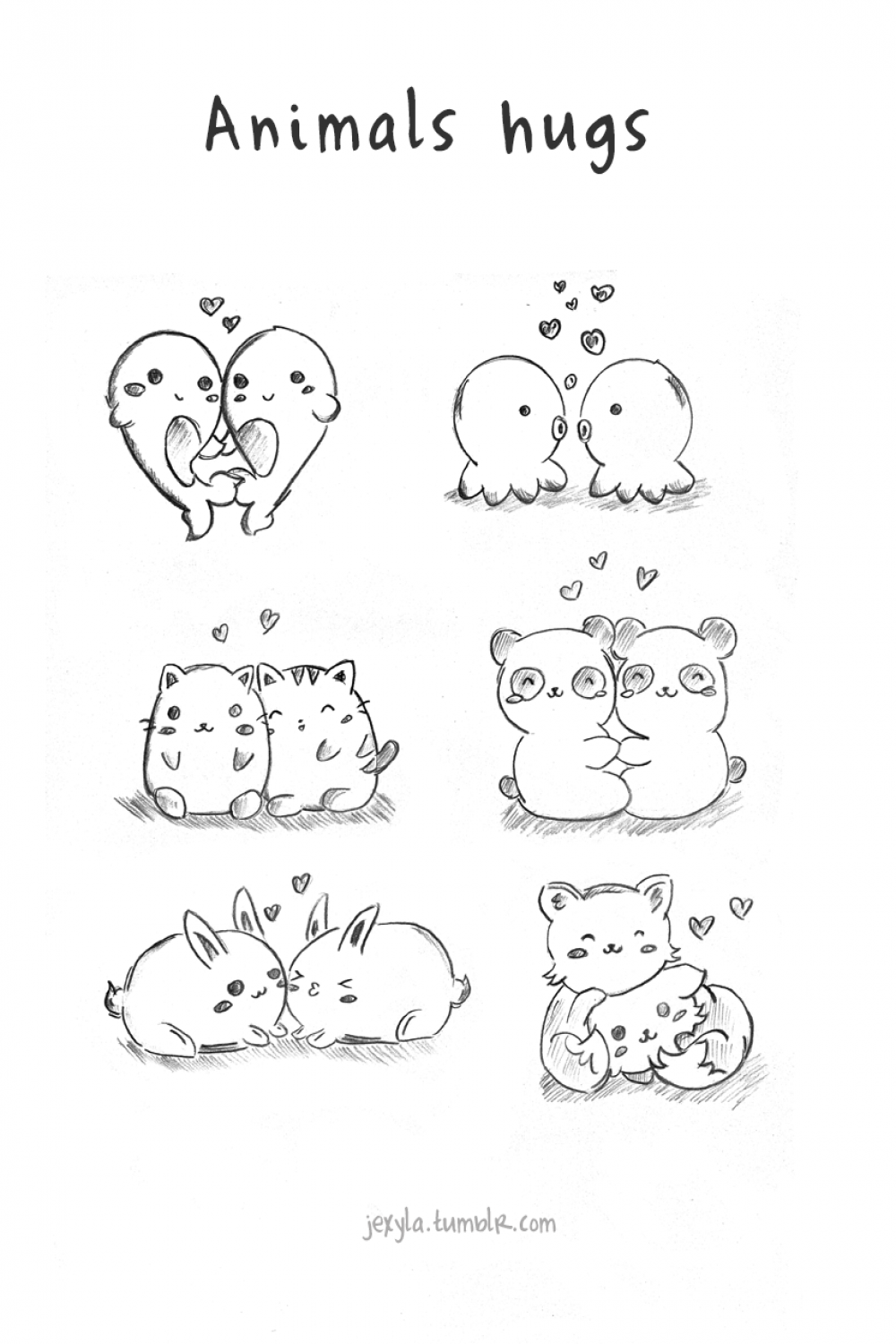 So cute!  Animal hugs, Tumblr drawings, Hugging drawing