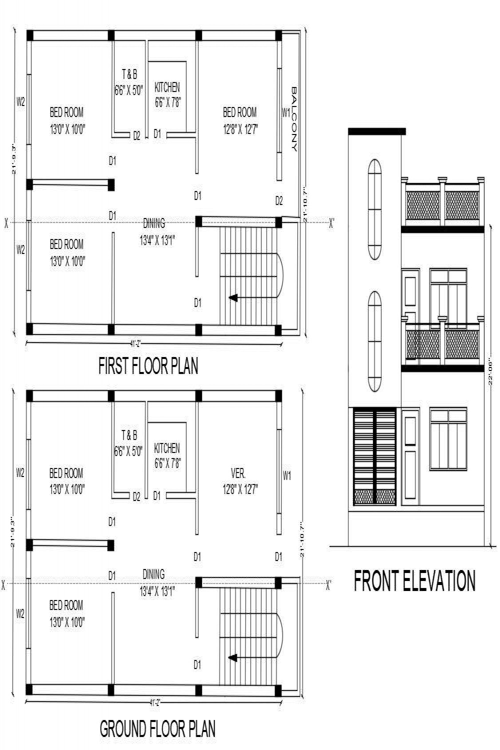 Storey House Floor Plan With Front Elevation Drawing DWG File