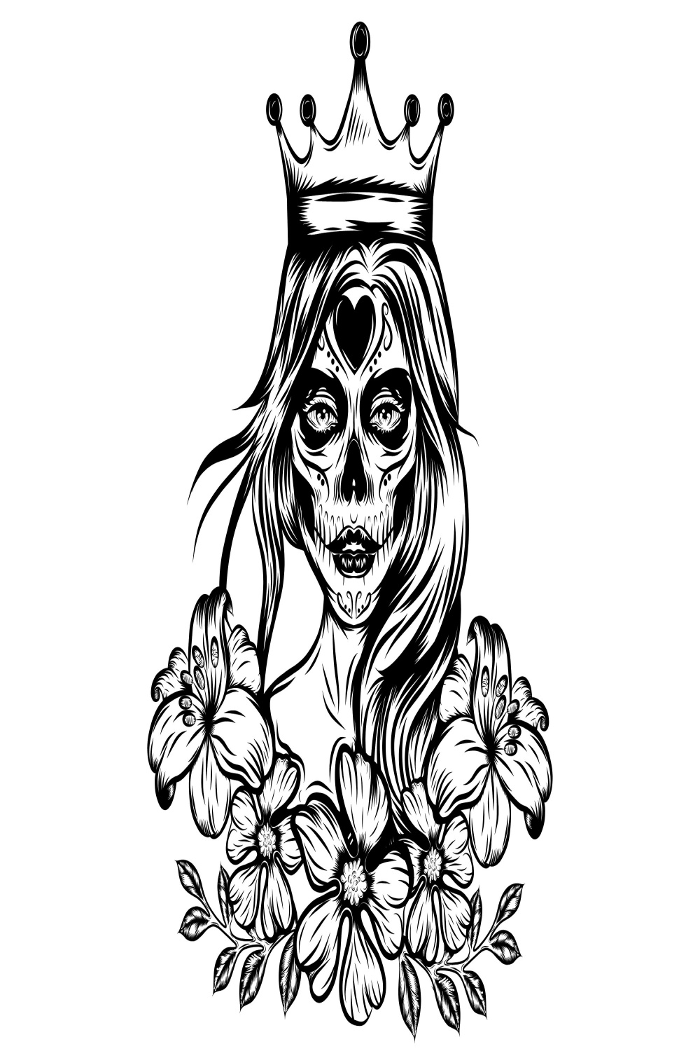 Sugar Skull Queen With Flowers/line Art/silhouette/cricut/cut - Etsy