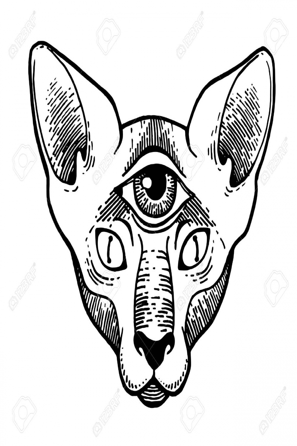 Tattoo Design Of Cat With  Eyes, Artwork For Print And Textiles