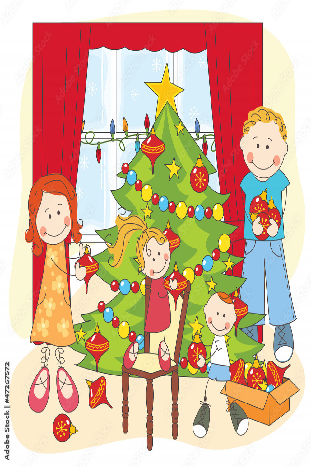 The happy family dresses up a Christmas tree