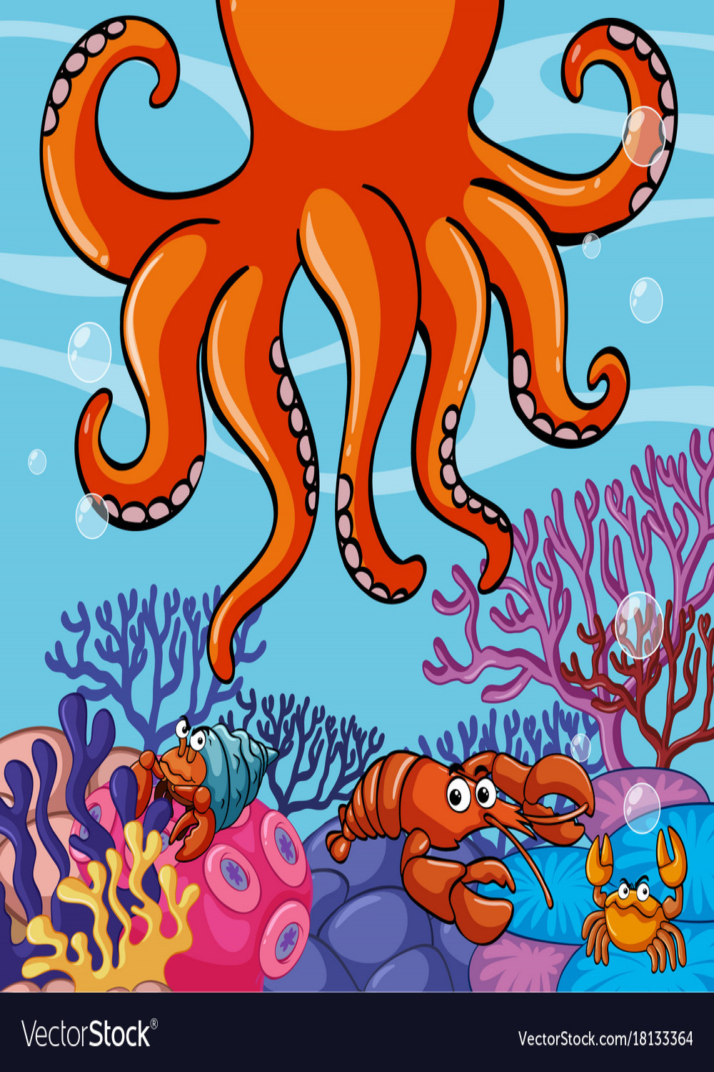 Underwater scene with giant octopus and crabs Vector Image