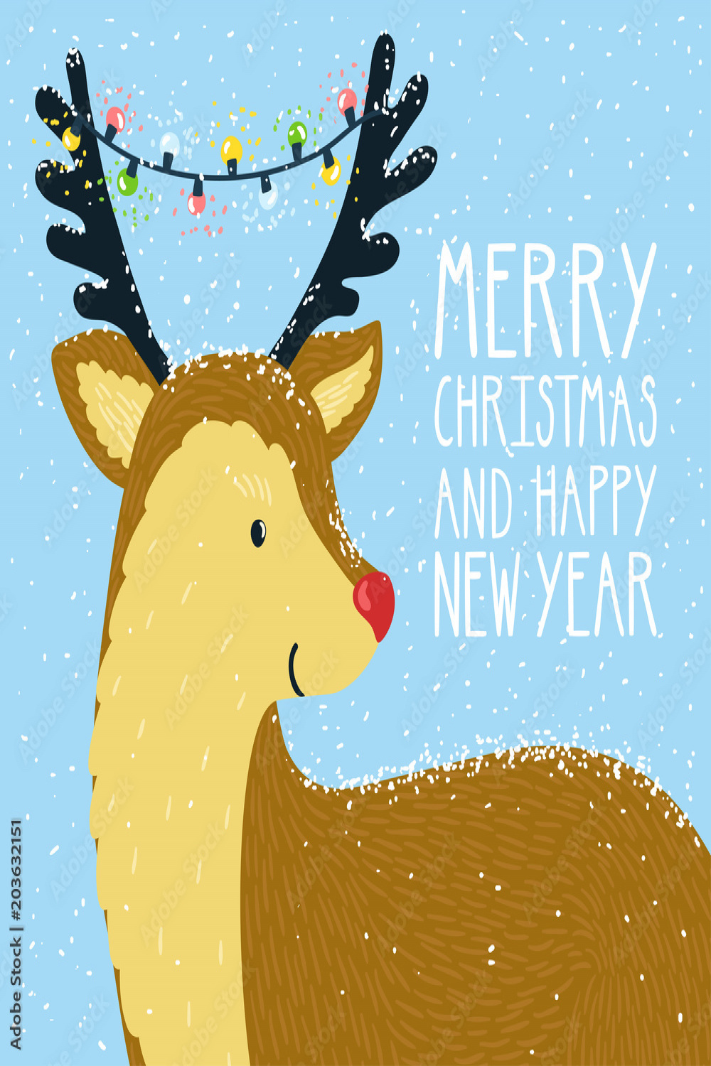 Vector christmas card with smiling cute reindeer and garland on