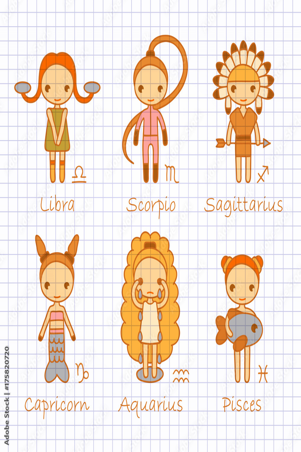 vector color hand drawing zodiac signs Libra, Scorpio, Sagittarius