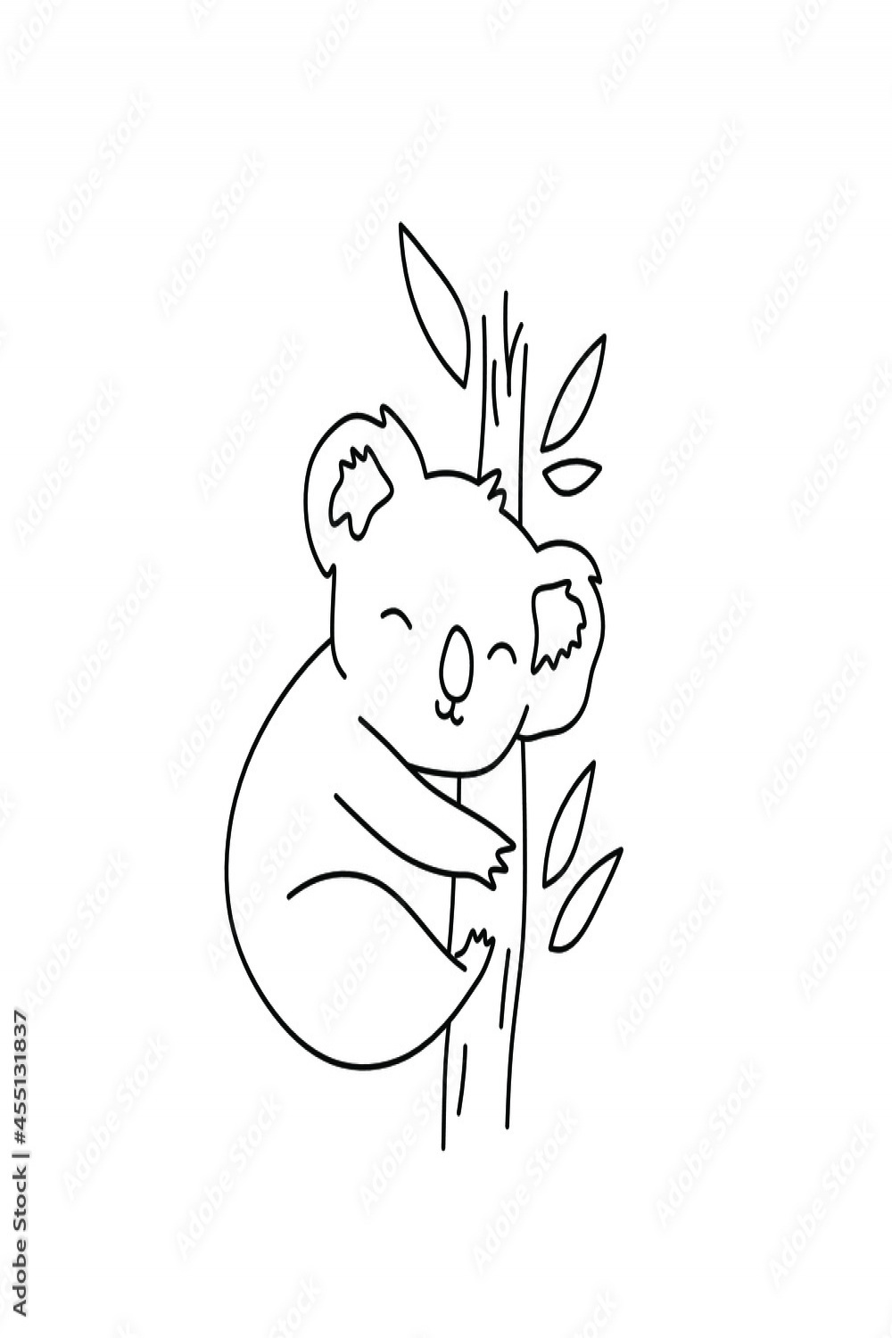 Vector isolated cute cartoon sleeping koala line drawing