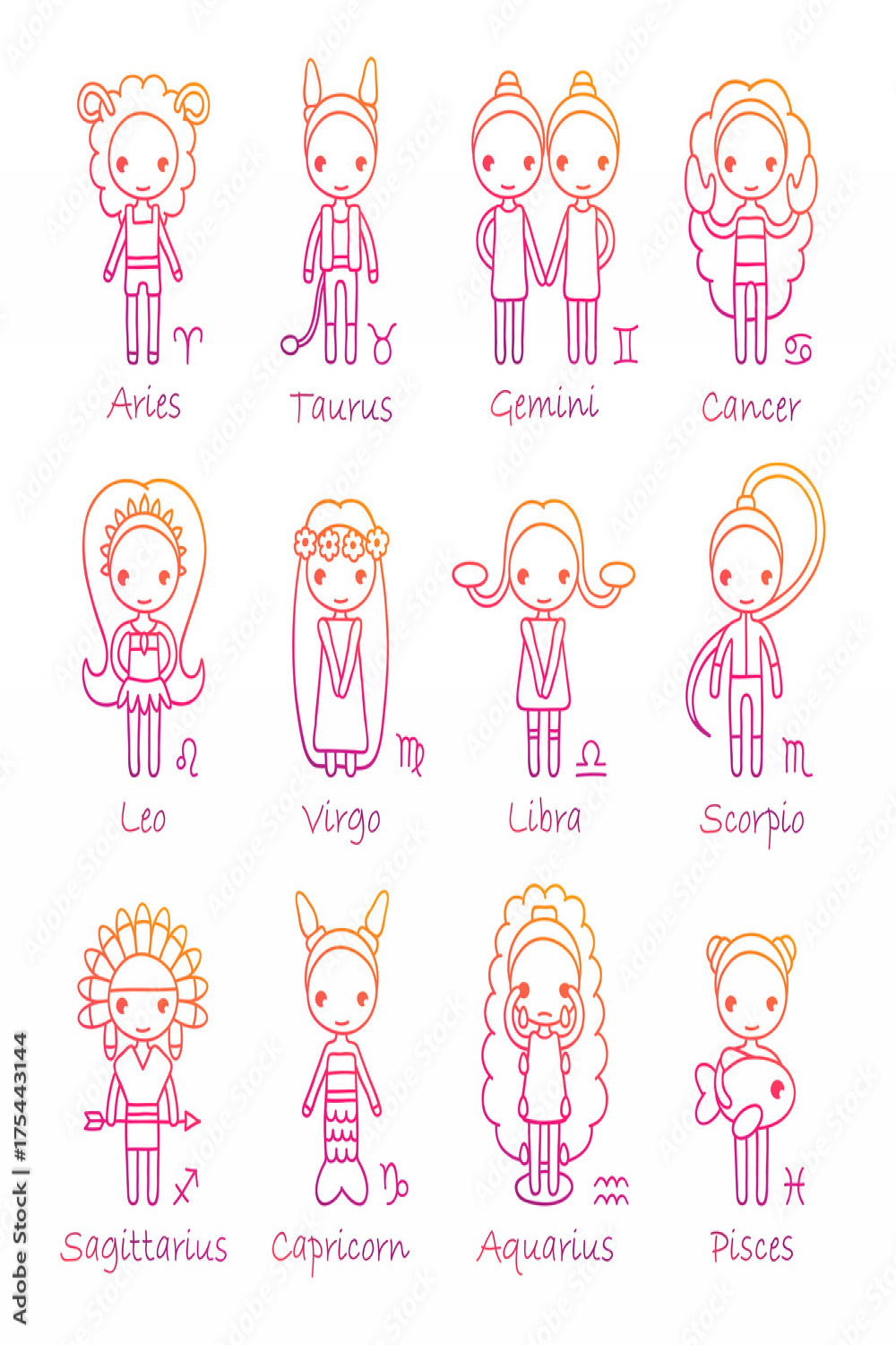 vector set of the twelve hand drawing Zodiac Signs Aries, Taurus