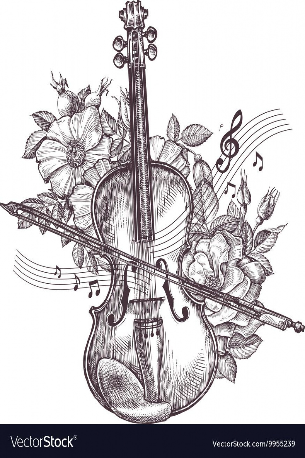 Vintage fiddle. Hand drawn retro the violin and flowers