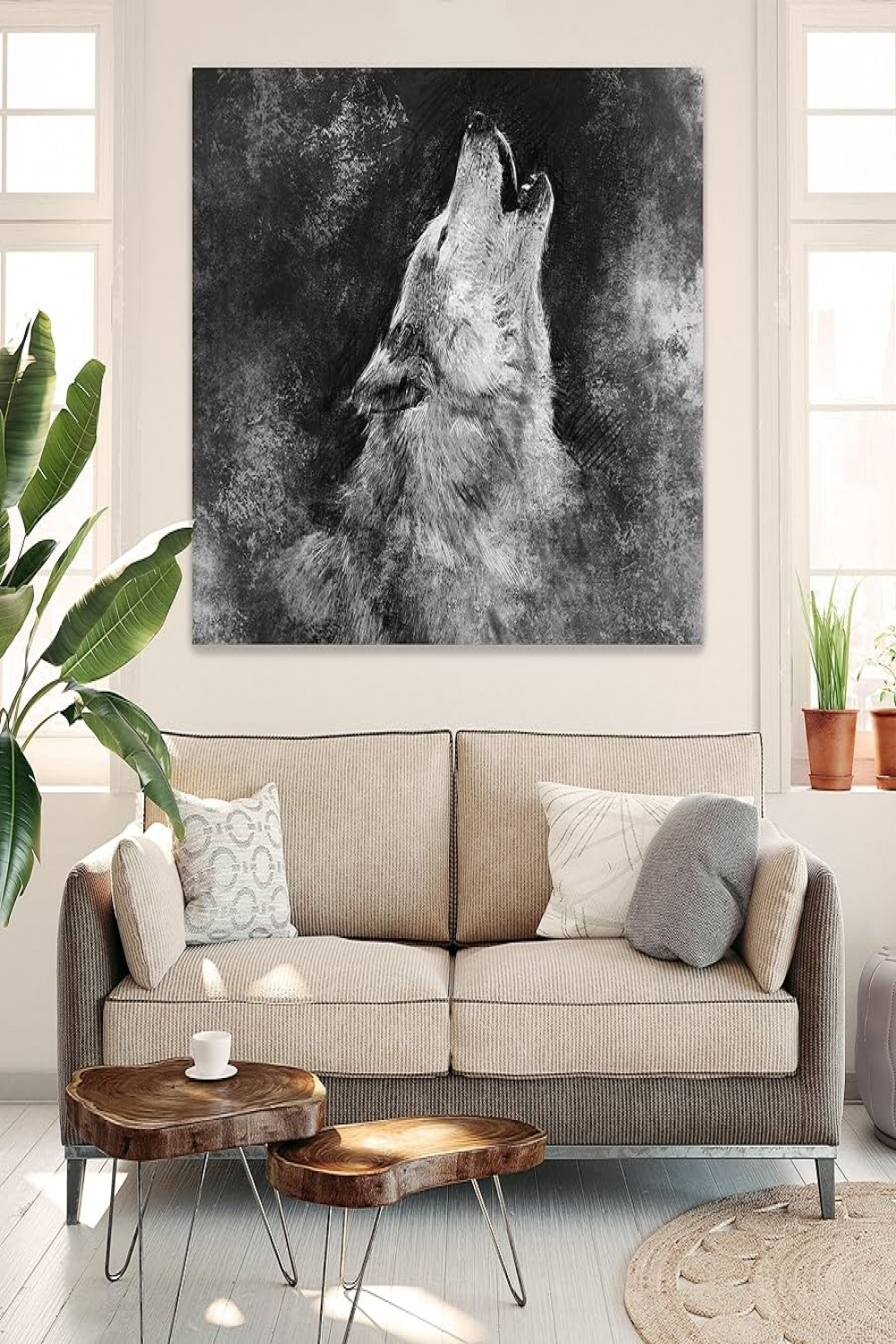 wandmotiv M Canvas Picture Wolves, Size  x  cm, Landscape Format,  Howling Wolf, Painting, Grunge Background, Pencil Drawing, Animals,