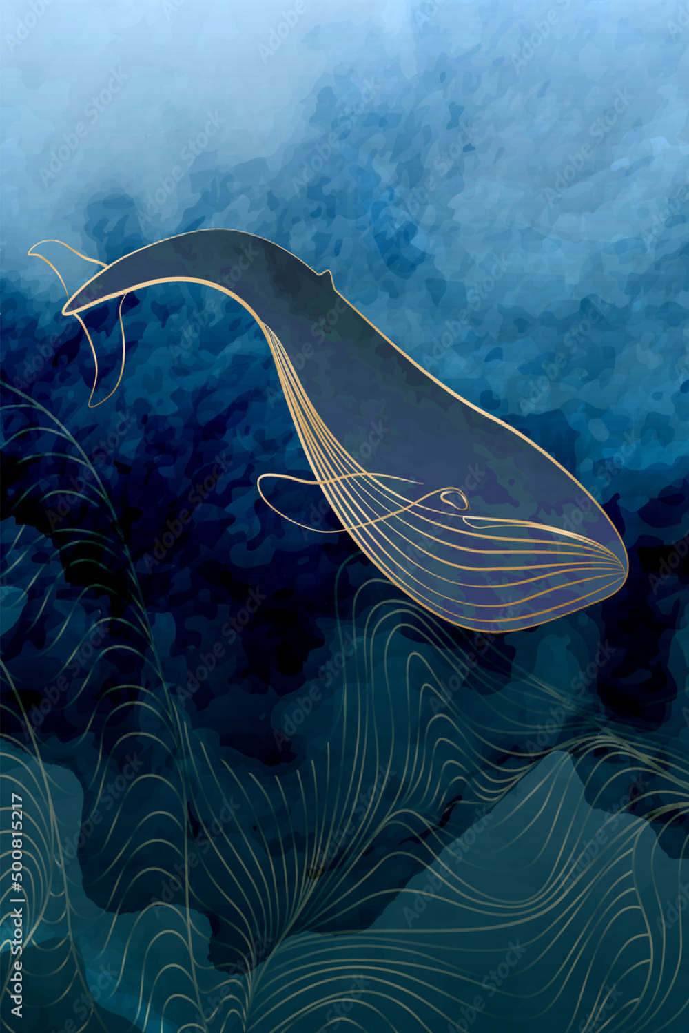 Watercolor art background with blue whale in waves in gold line