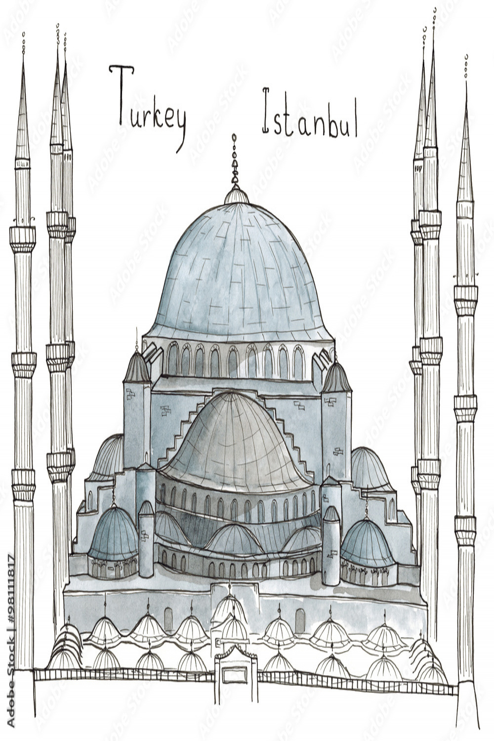 Watercolor Hand drawn architecture sketch of Turkey Istanbul Blue