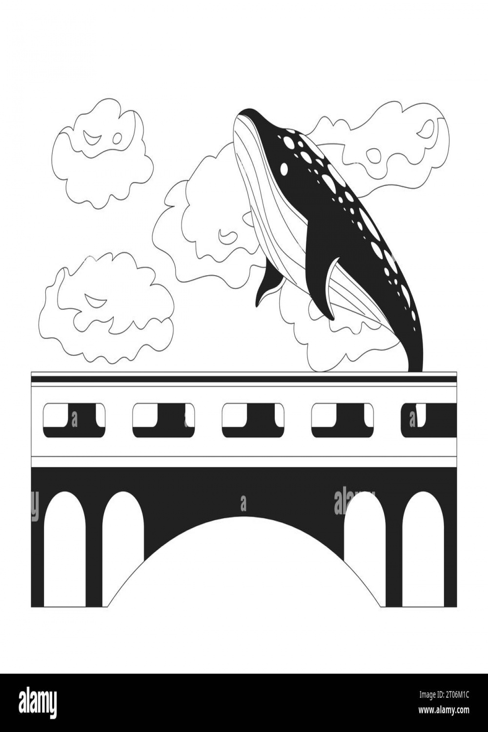 Whale humpback flying above bridge black and white D illustration