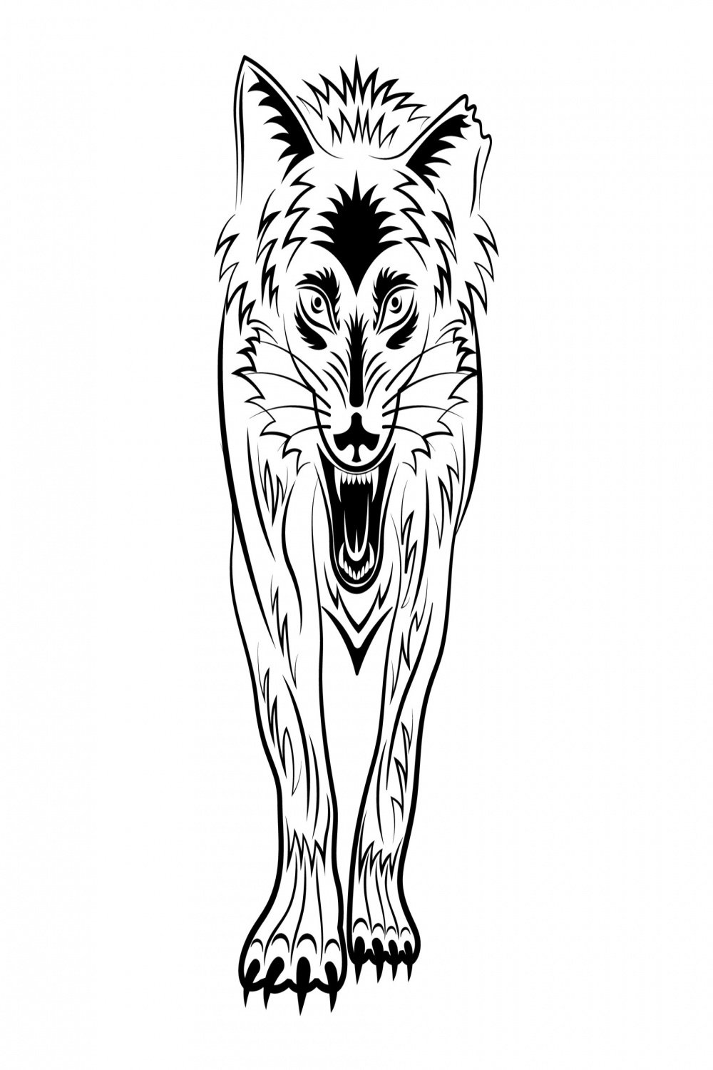 Wolf outline sketch front view isolated white background