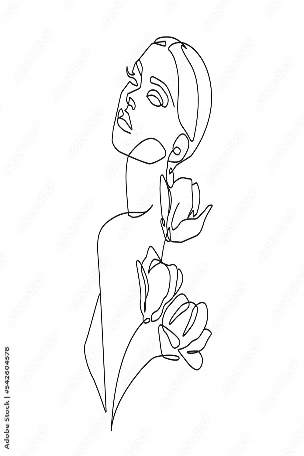 Woman with Flowers Line Art Drawing