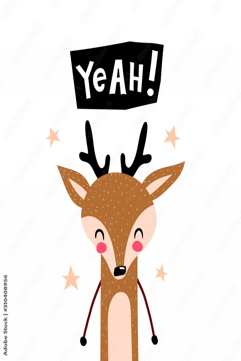 yeah. cartoon deer with hand drawing lettering, stars