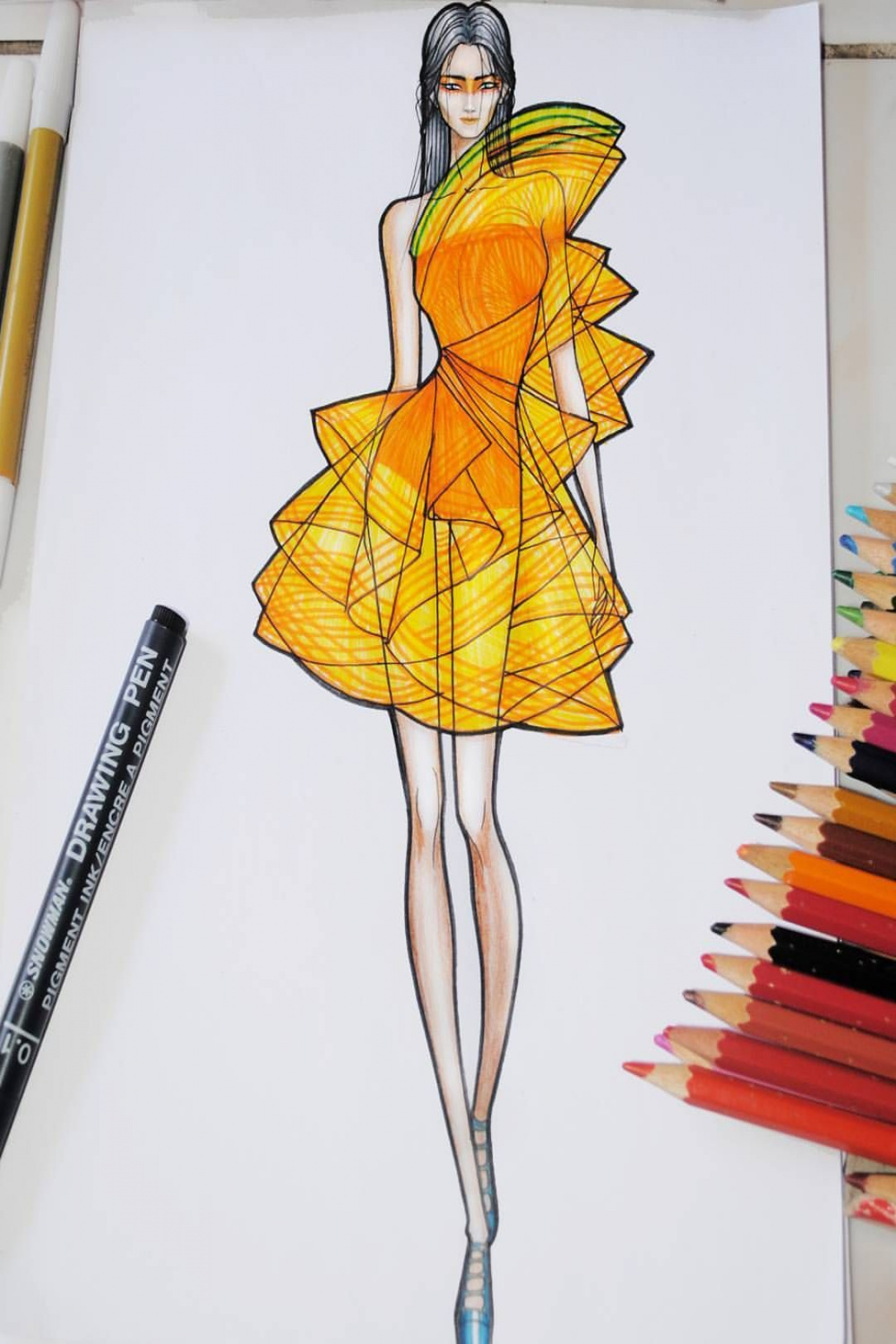 Yellow layers  Fashion design sketchbook, Fashion art