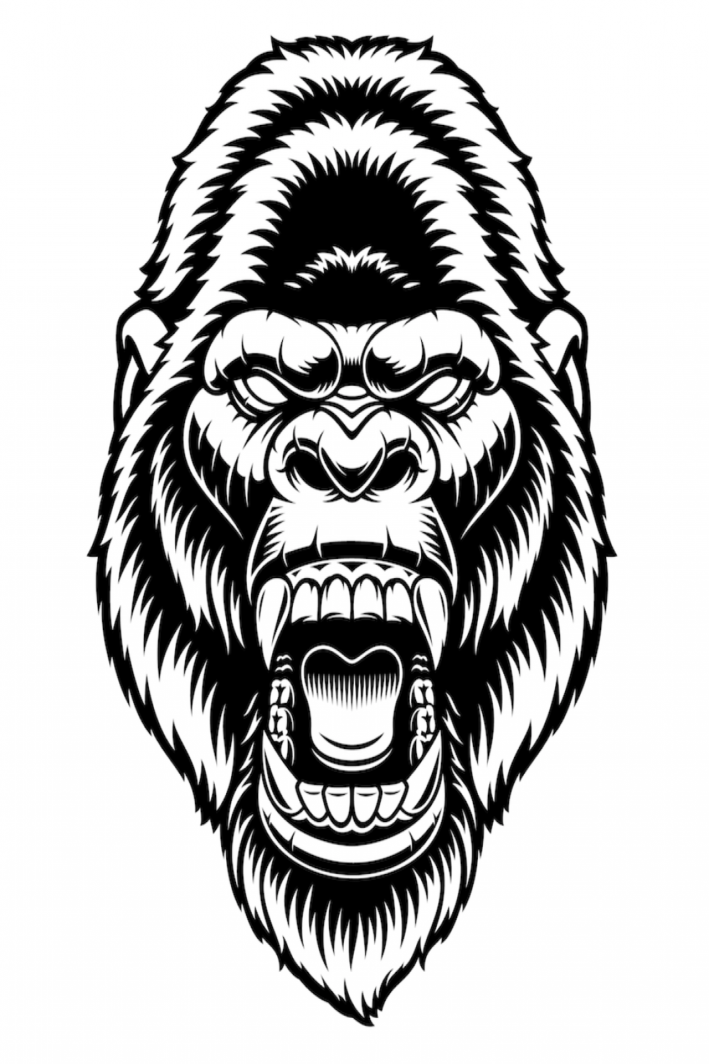A black and white vector illustration of a gorilla head, isolated
