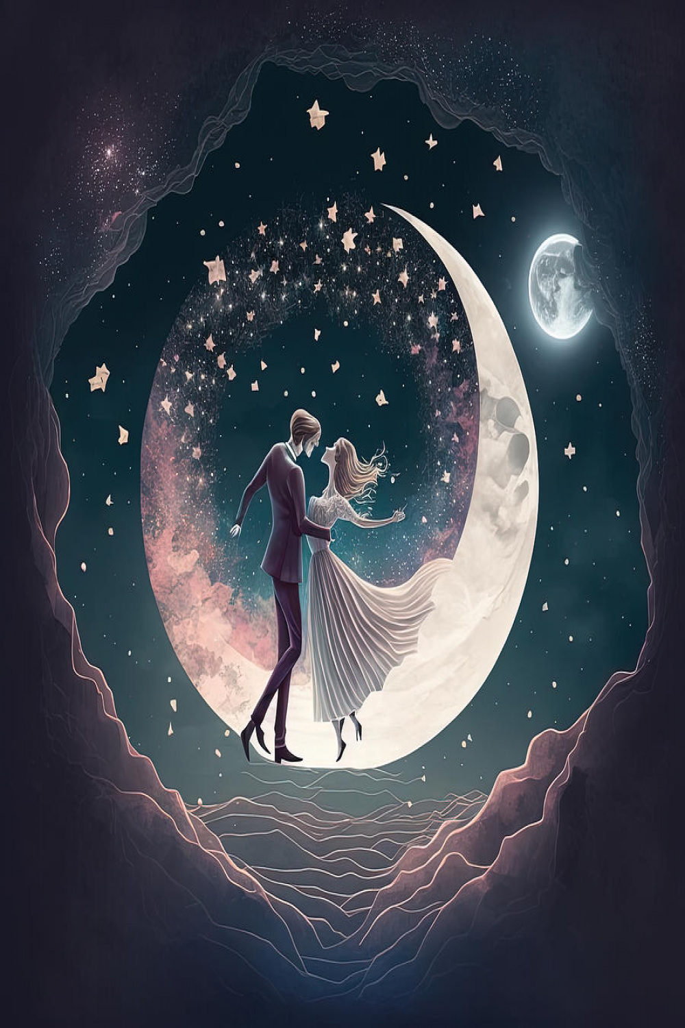 A Dreamy Illustration Of A Couple Dancing Under A Full Moon And Stars # by  Cavan Images / Fabrizio Fadda