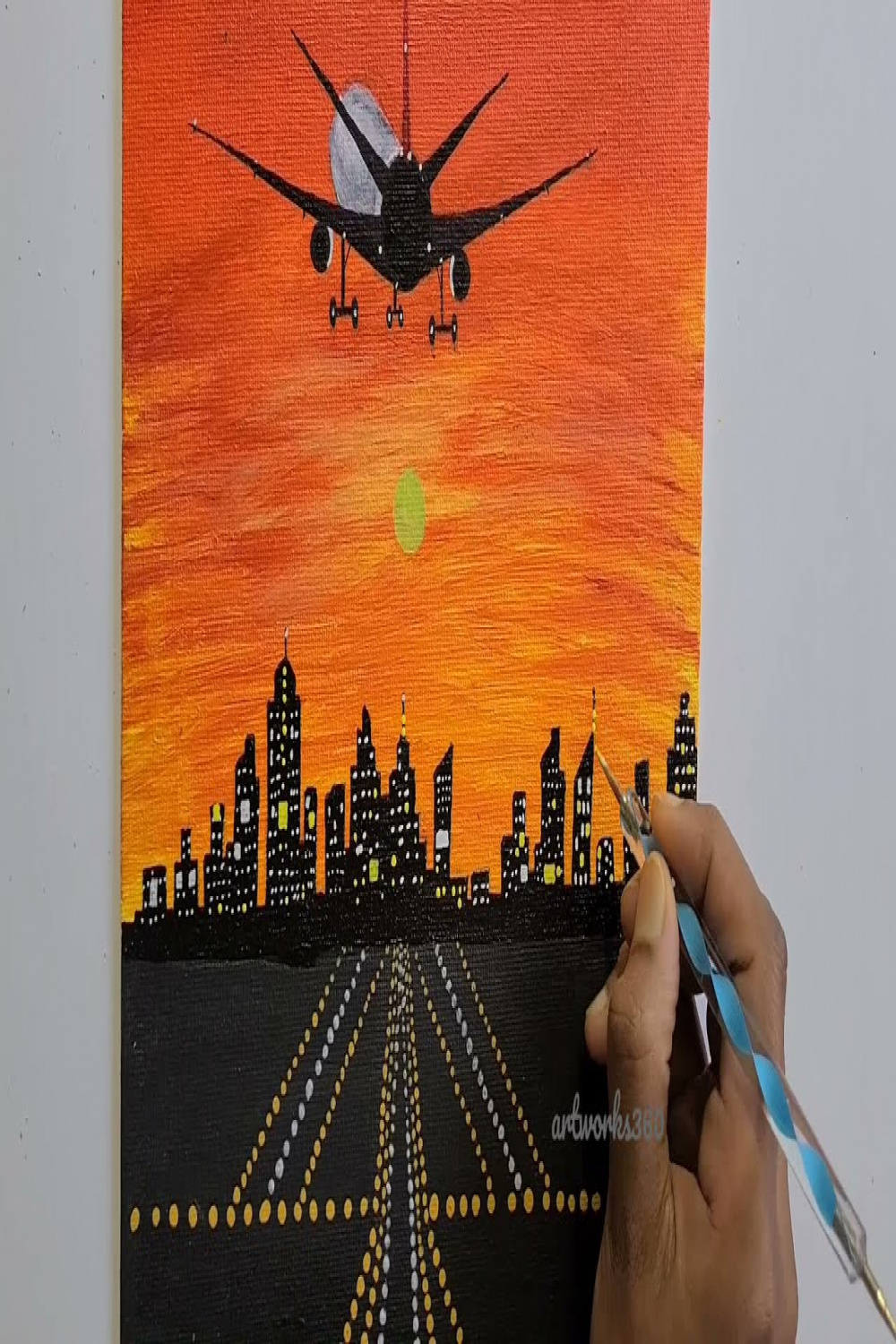 Airplane takeoff paintingAcrylic painting for beginnersSilhouette  paintingAirplane at sunset