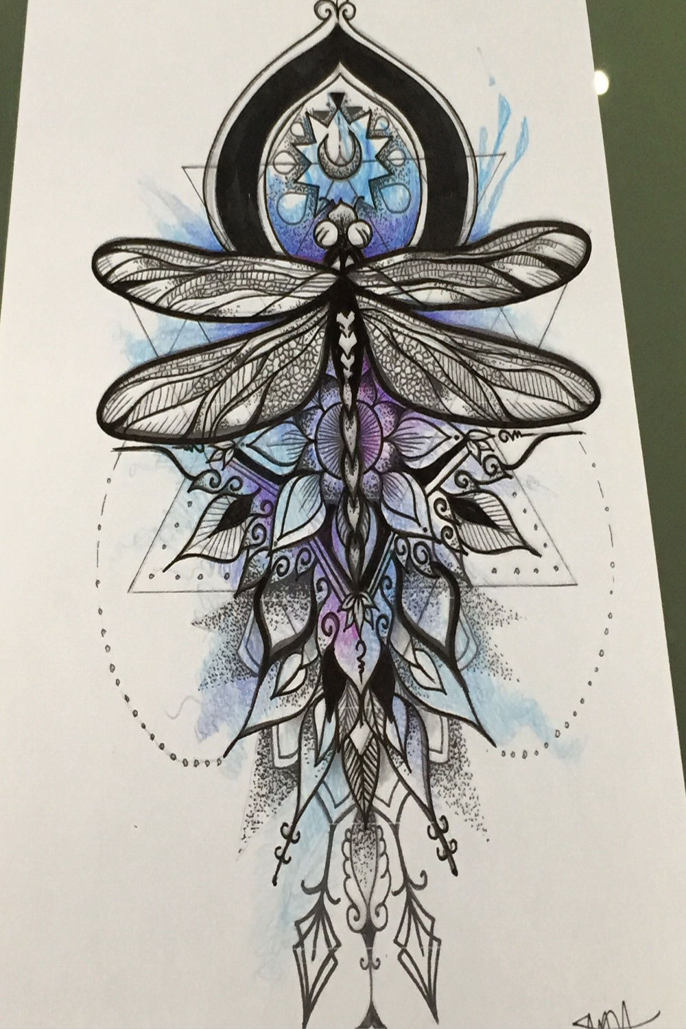amazing dragonfly skizze - mandala and watercolor combination - at