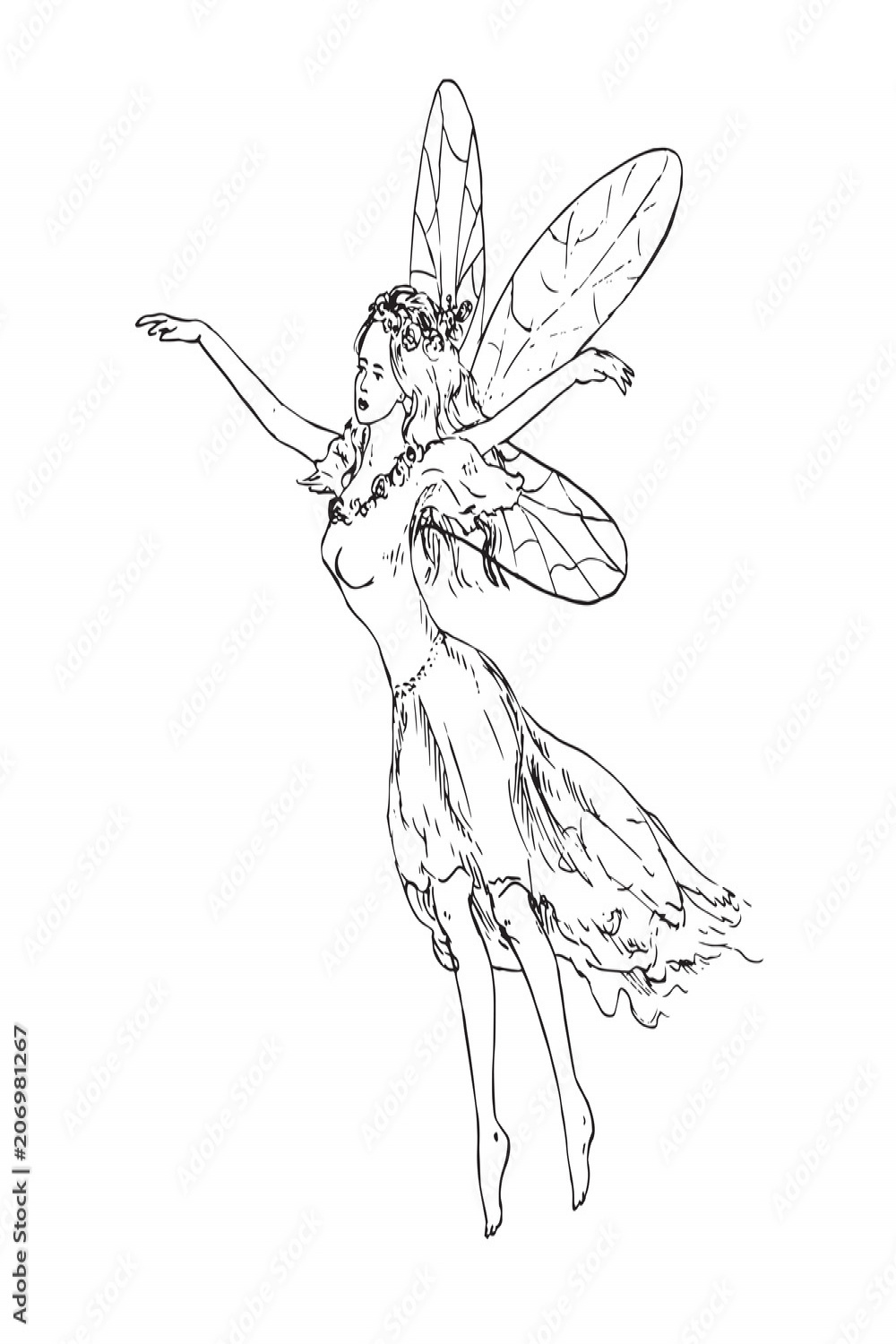 Beautiful young fairy dancing and flying in wind, hand drawn