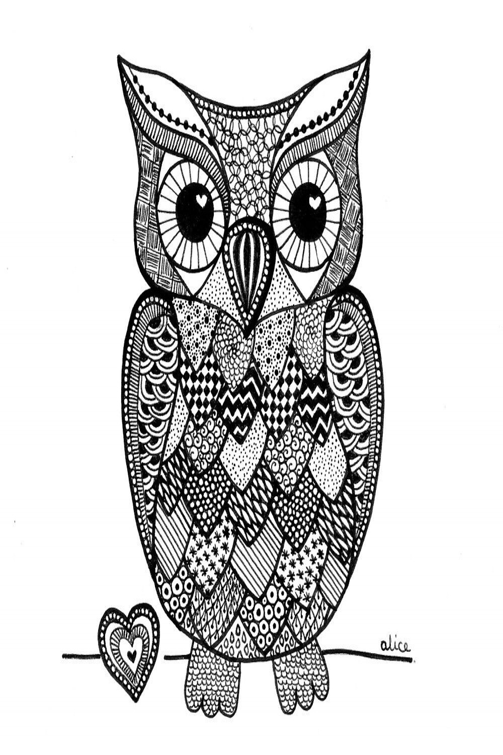 Black&White Zentangle Inspired Owl with Heart by Alice Gerfault