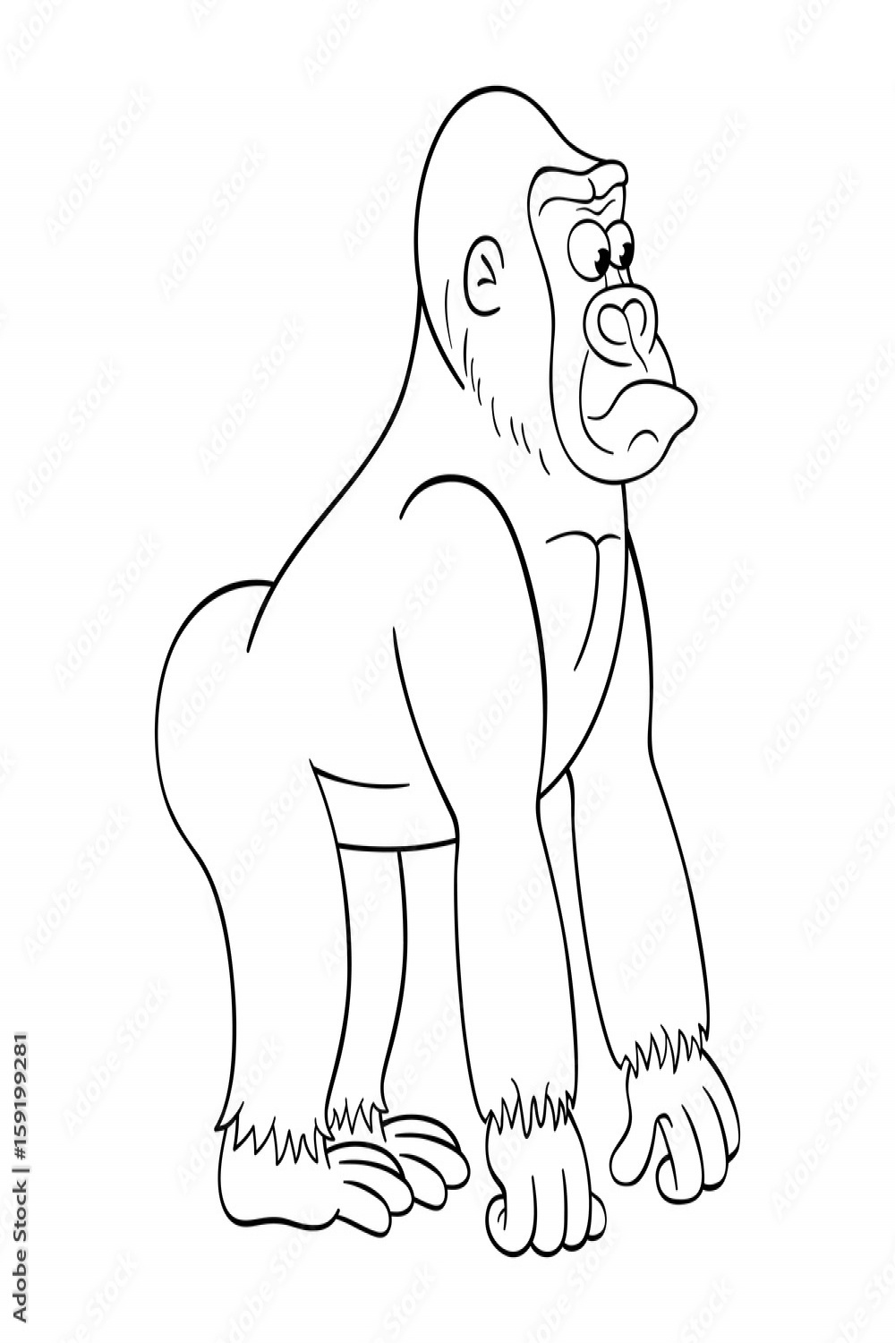 Black and white ilustration of cartoon gorilla male with baffled