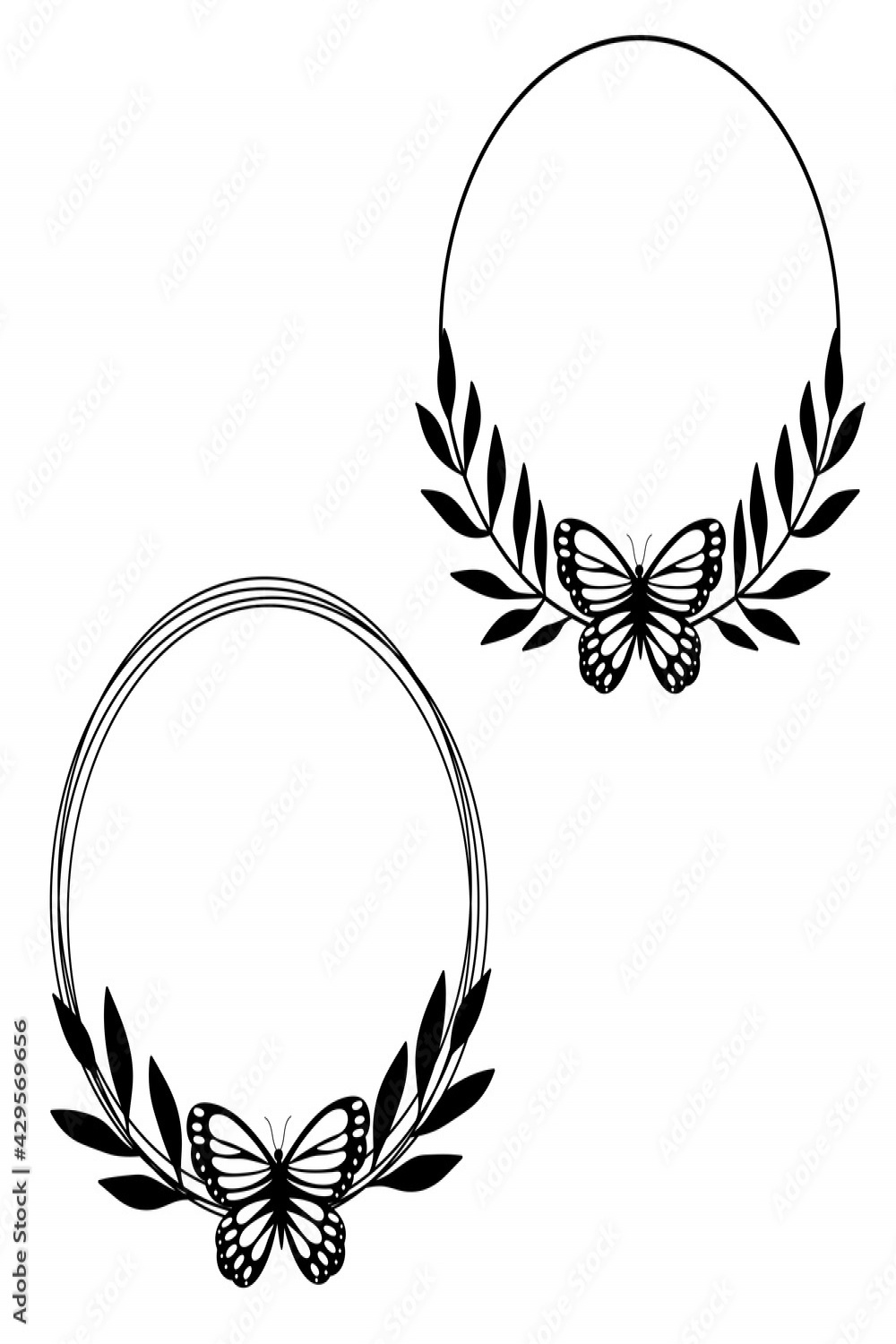 Butterfly monogram wreath. Circle frame. Floral border