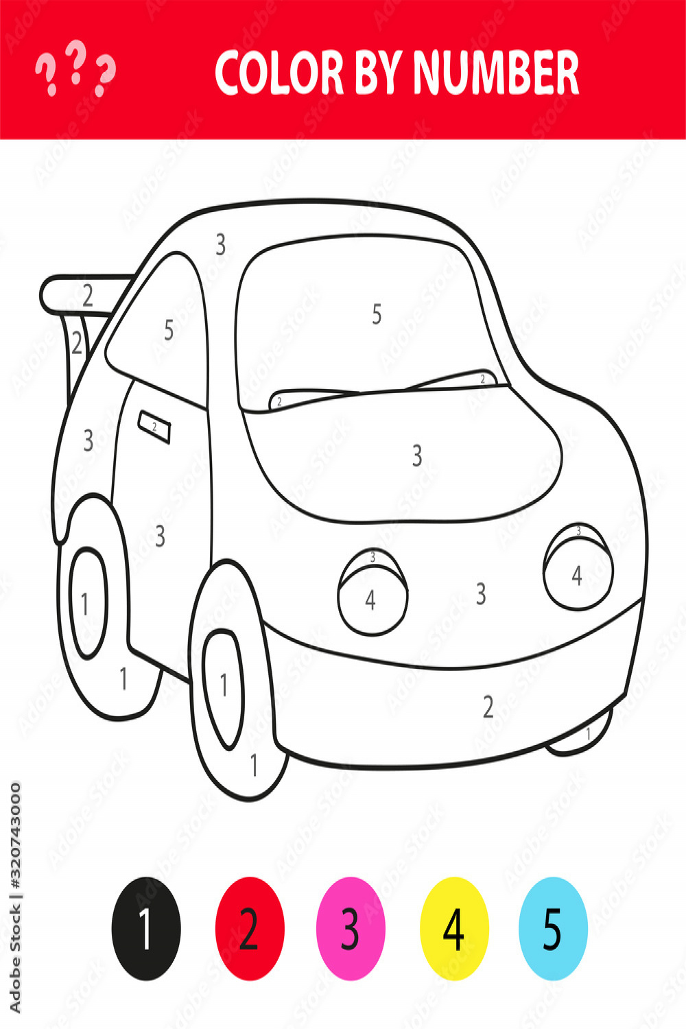 Car in cartoon style, color by number, education paper game for