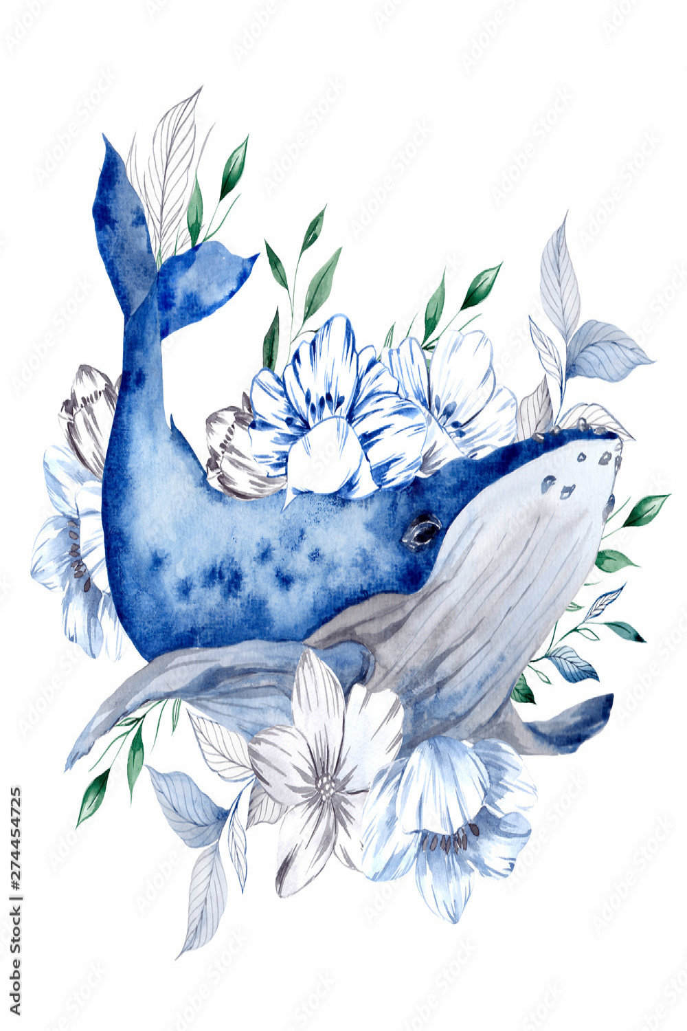 Collection of watercolor hand draw whale and flowers, isolated on