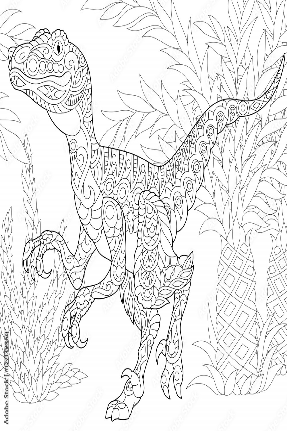 Coloring page of velociraptor dinosaur of the late Cretaceous