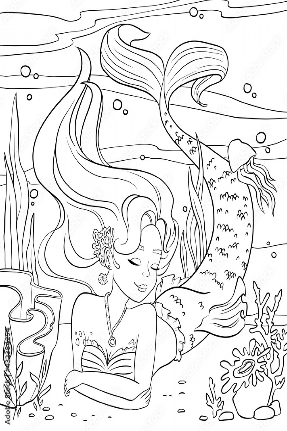 Coloring page with mermaid