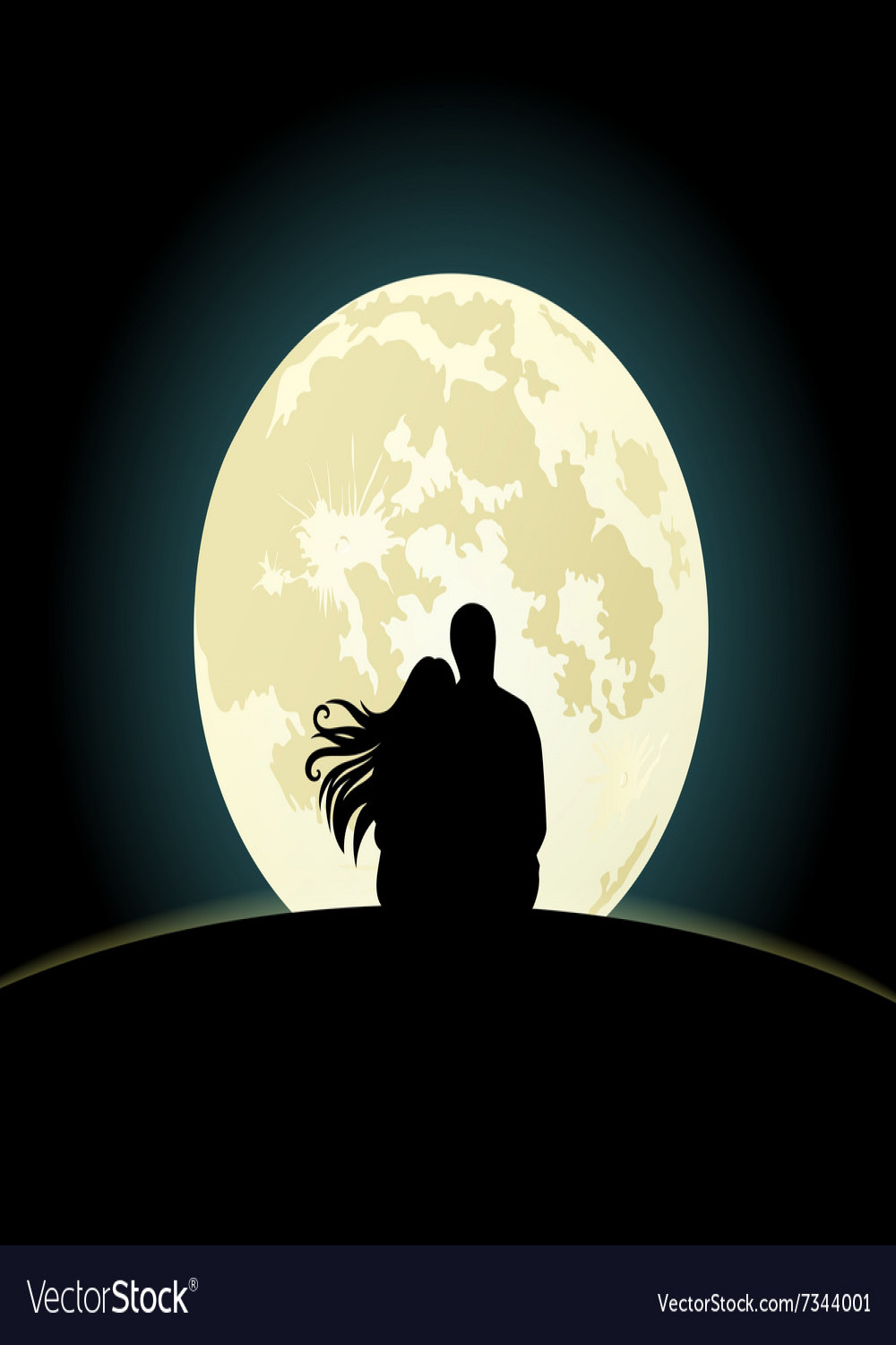 Couple on a hill sitting under the moonlight Vector Image