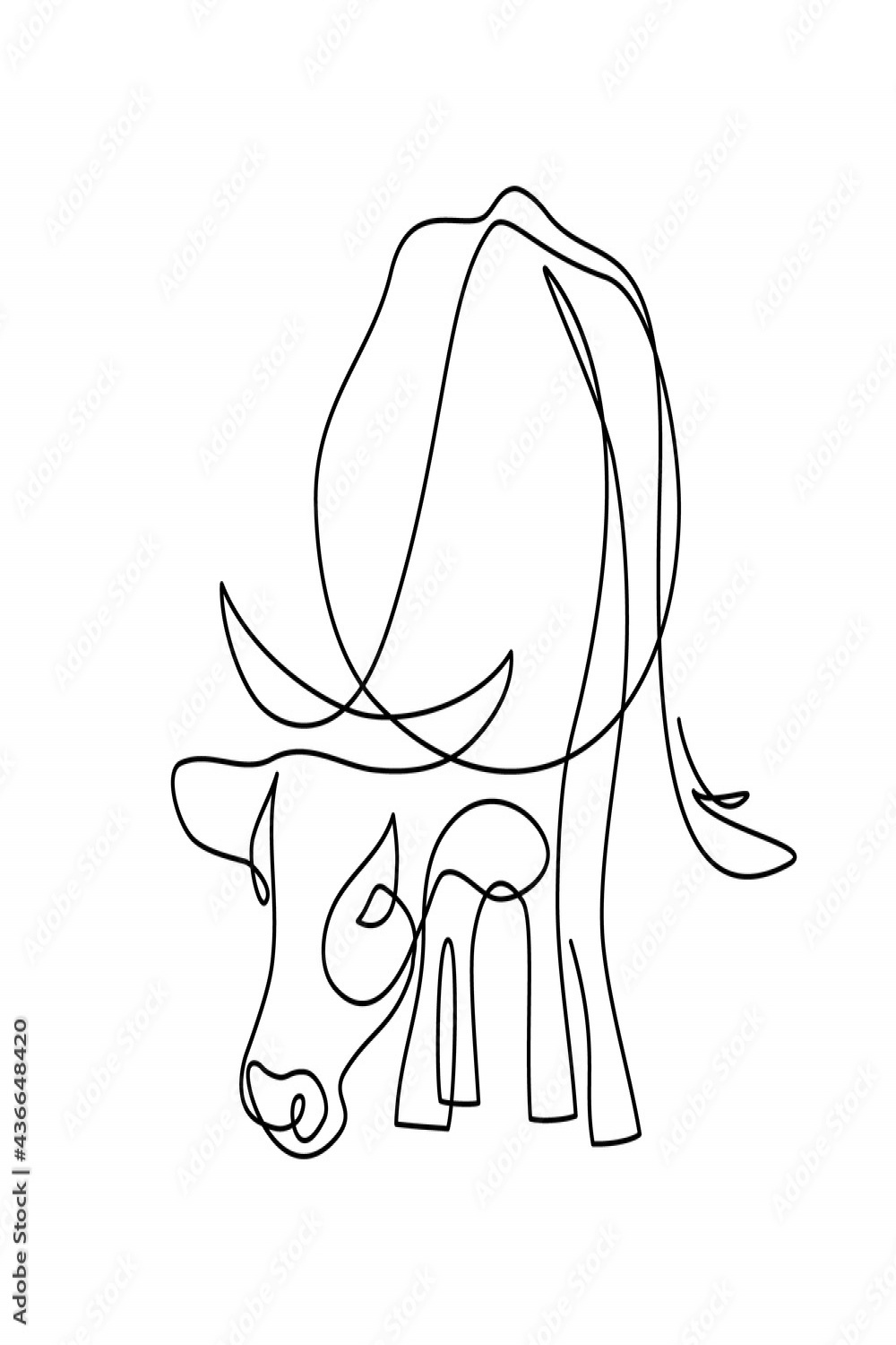 Cow on pasture in continuous line art drawing style
