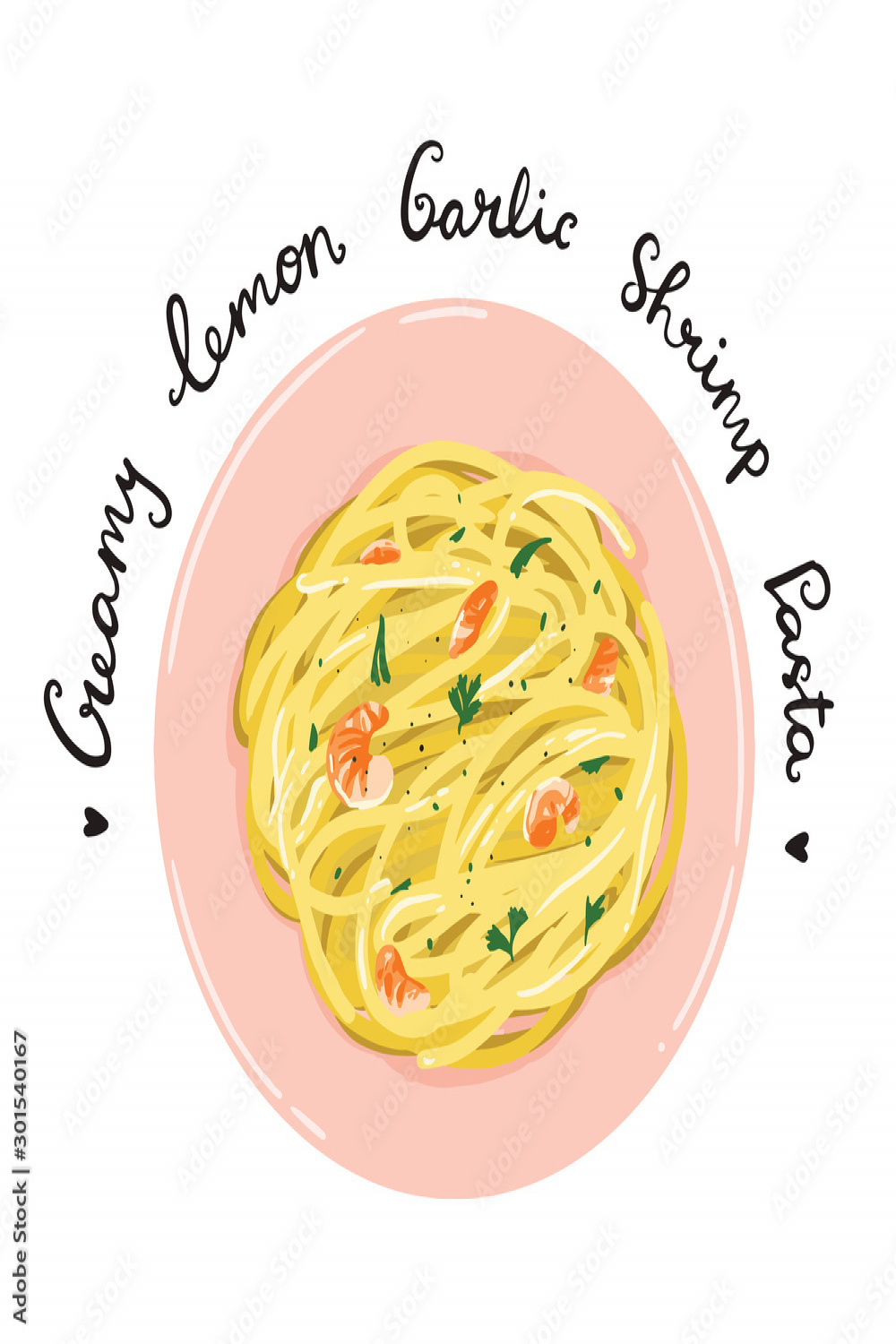 creamy lemon garlic shrimp pasta, vector food illustration, hand